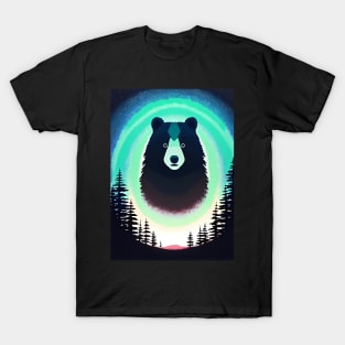 Nighttime Forest Bears - beautiful abstract painting of kawaii cute bears in a colorful night forest, outdoor nature anime cartoon style of rainbow color cyan, pink, red, blue, yellow, green. T-Shirt